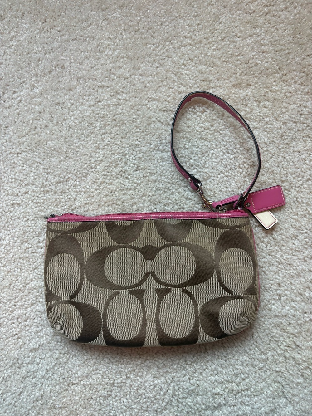 Coach Brown Tan Signature Canvas Wristlet Mini Purse Bag with Pink Trim - Picture 3 of 5